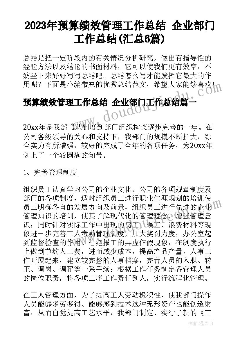 2023年预算绩效管理工作总结 企业部门工作总结(汇总6篇)