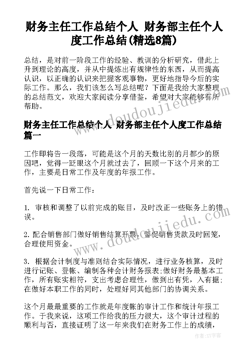 财务主任工作总结个人 财务部主任个人度工作总结(精选8篇)