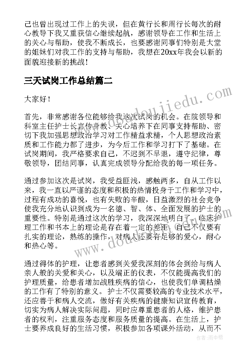 三天试岗工作总结(实用8篇)