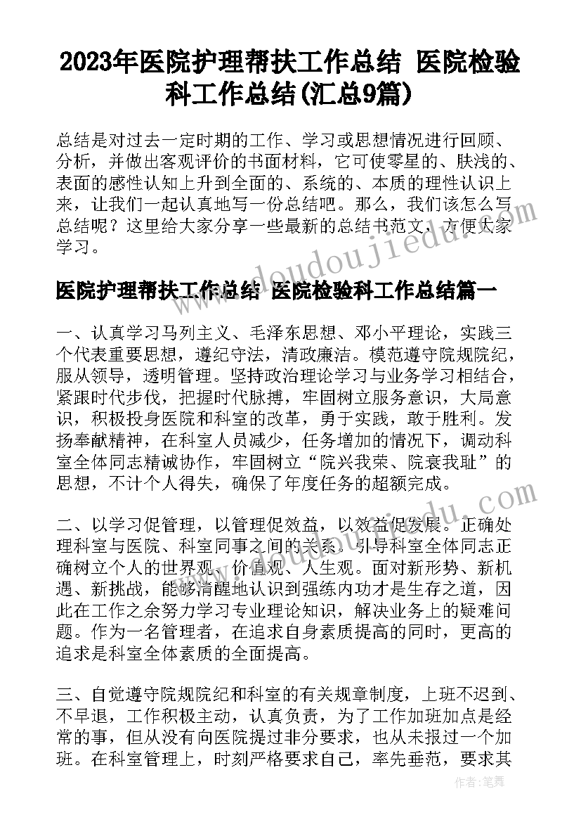 2023年医院护理帮扶工作总结 医院检验科工作总结(汇总9篇)