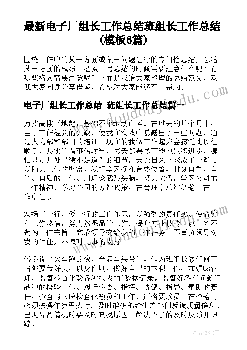 最新电子厂组长工作总结 班组长工作总结(模板6篇)