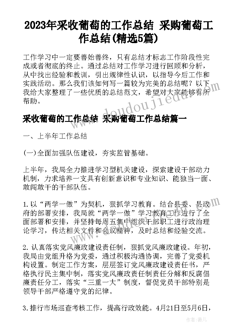 2023年采收葡萄的工作总结 采购葡萄工作总结(精选5篇)