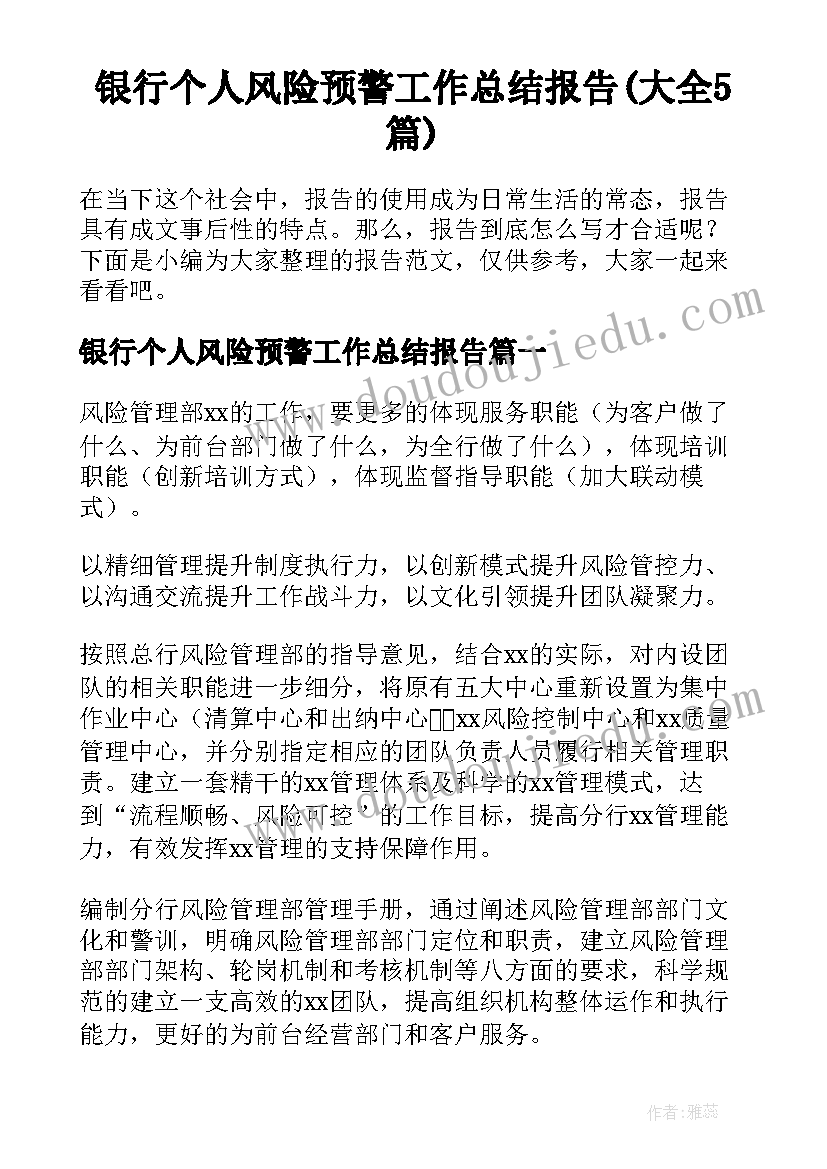 银行个人风险预警工作总结报告(大全5篇)