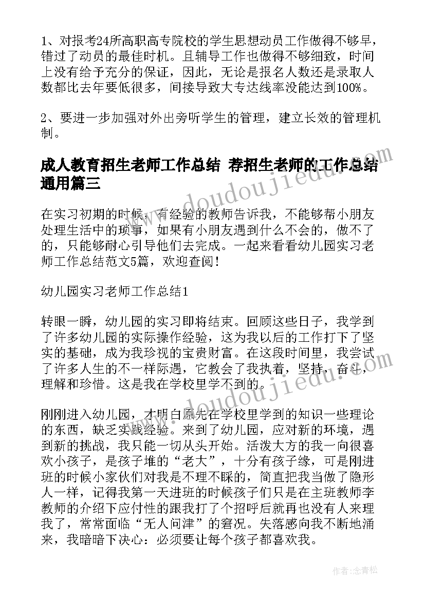 成人教育招生老师工作总结 荐招生老师的工作总结(实用5篇)