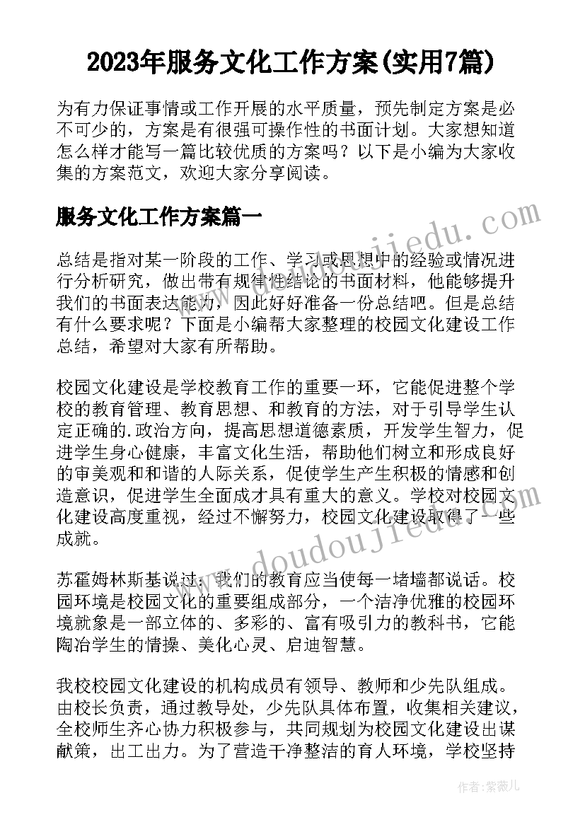 2023年服务文化工作方案(实用7篇)