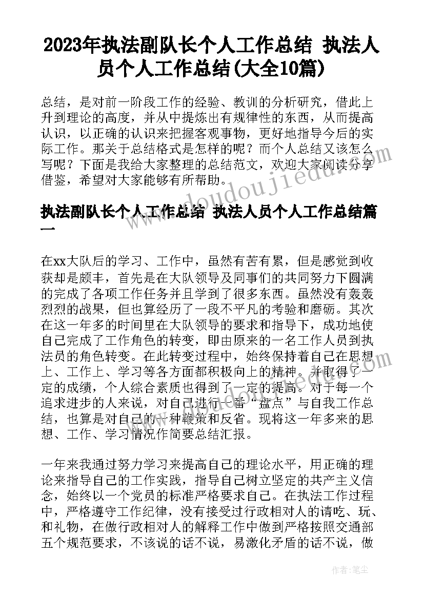 2023年执法副队长个人工作总结 执法人员个人工作总结(大全10篇)