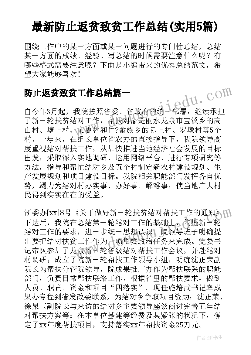 最新防止返贫致贫工作总结(实用5篇)