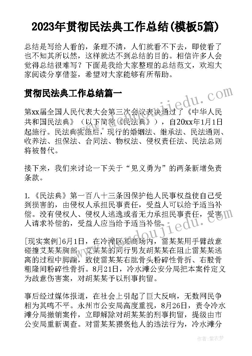 2023年贯彻民法典工作总结(模板5篇)