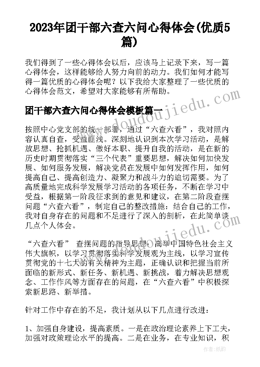 2023年团干部六查六问心得体会(优质5篇)