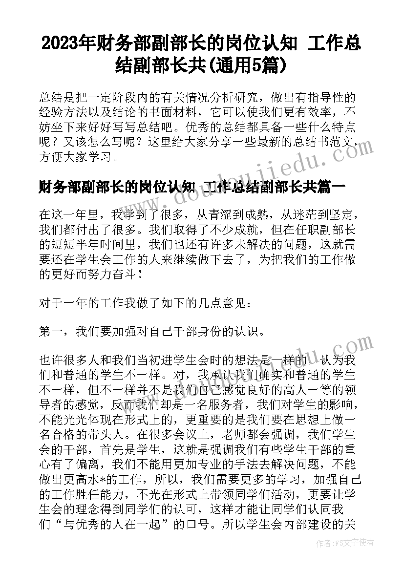 2023年财务部副部长的岗位认知 工作总结副部长共(通用5篇)