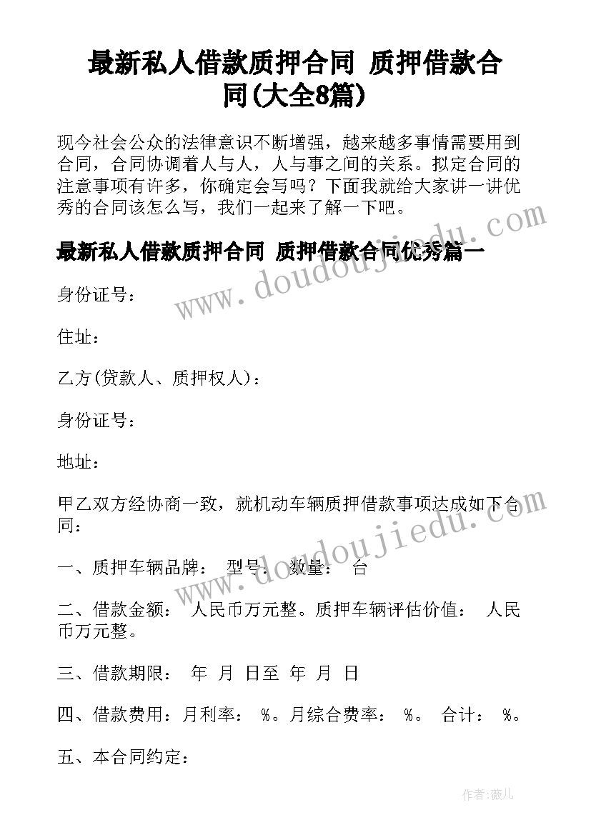 最新私人借款质押合同 质押借款合同(大全8篇)