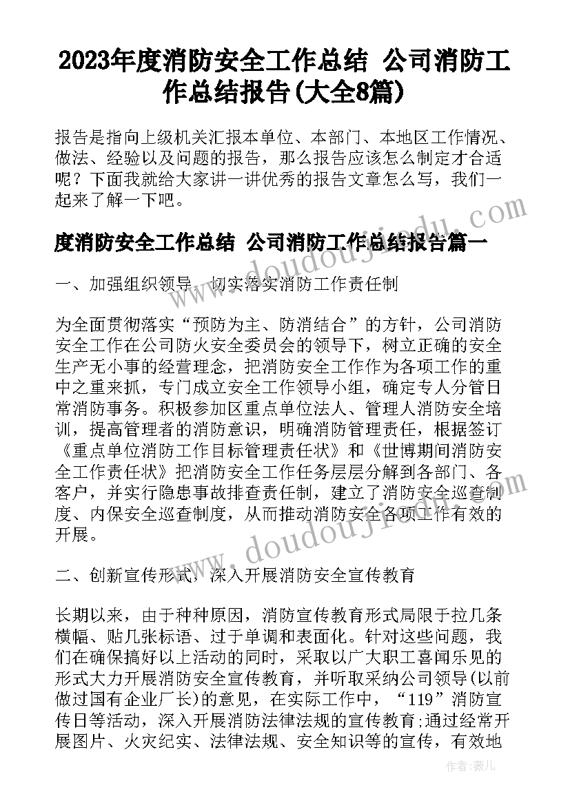 2023年度消防安全工作总结 公司消防工作总结报告(大全8篇)