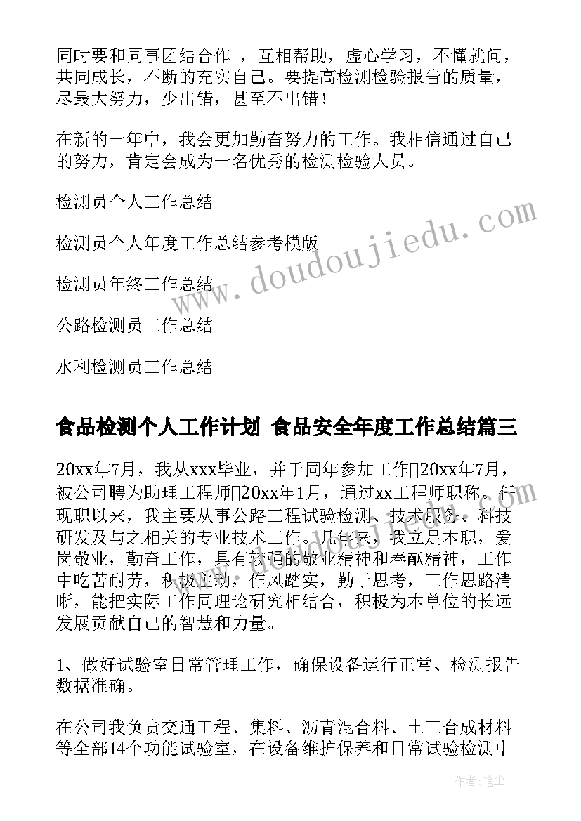 食品检测个人工作计划 食品安全年度工作总结(模板10篇)