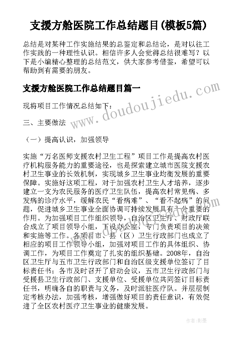 支援方舱医院工作总结题目(模板5篇)