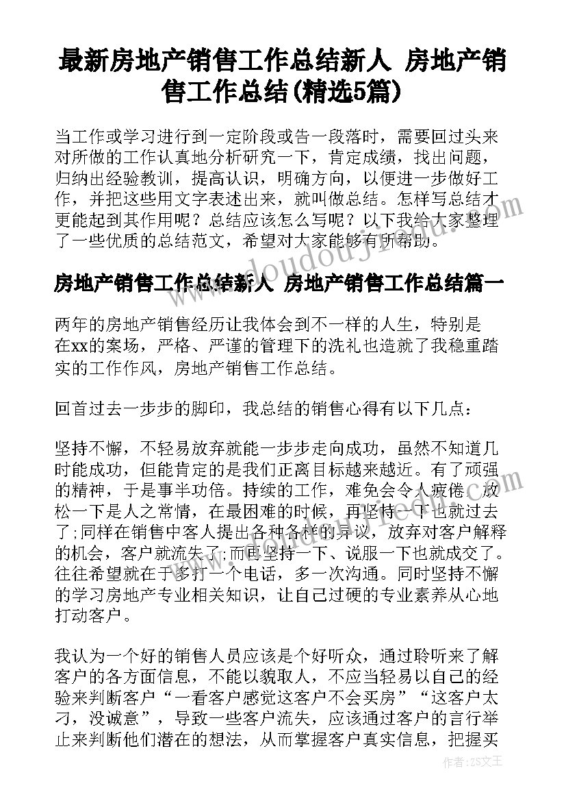 最新房地产销售工作总结新人 房地产销售工作总结(精选5篇)