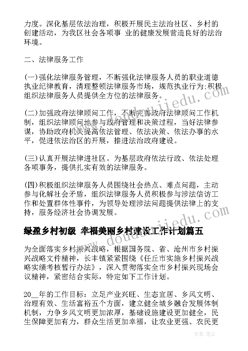 最新绿盈乡村初级 幸福美丽乡村建设工作计划(精选5篇)