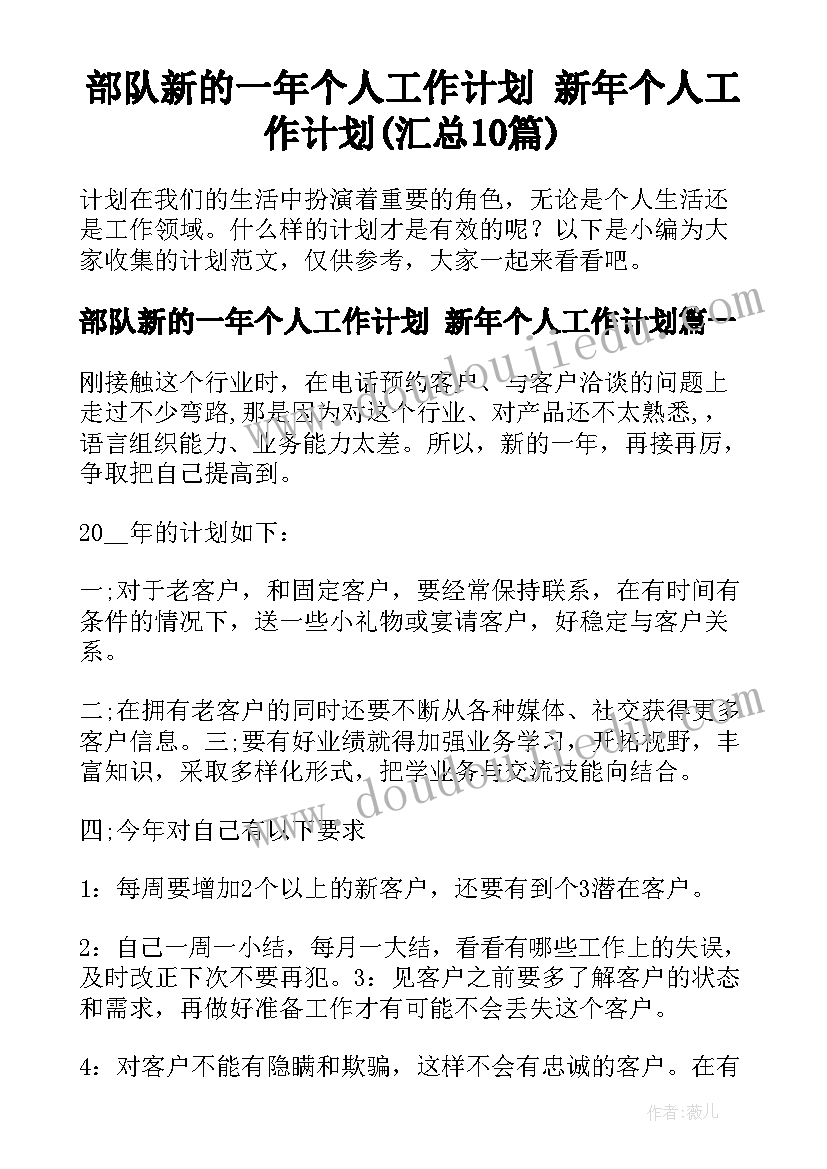 部队新的一年个人工作计划 新年个人工作计划(汇总10篇)