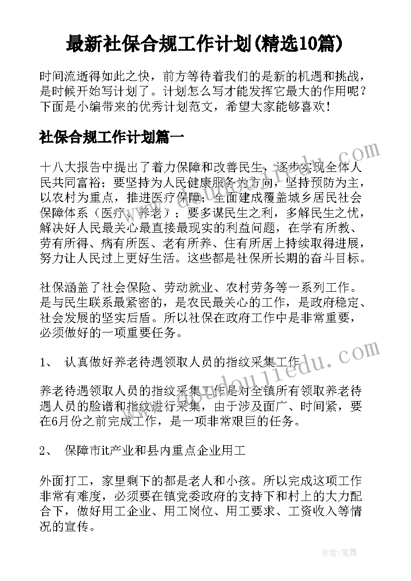 最新社保合规工作计划(精选10篇)