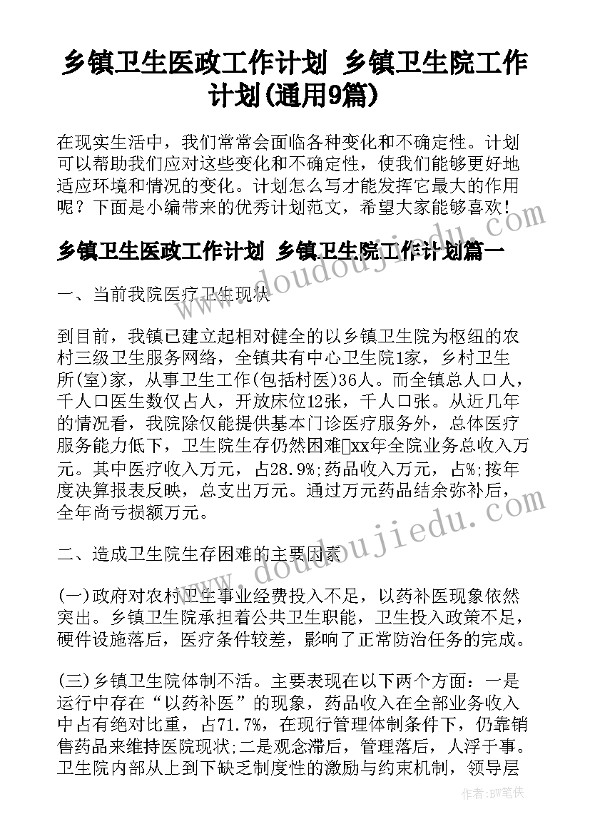 乡镇卫生医政工作计划 乡镇卫生院工作计划(通用9篇)