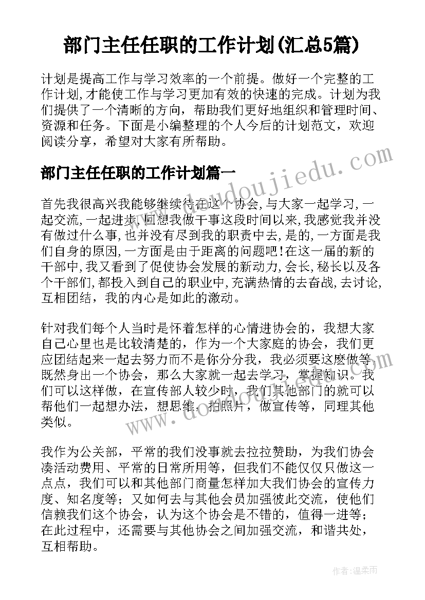 部门主任任职的工作计划(汇总5篇)