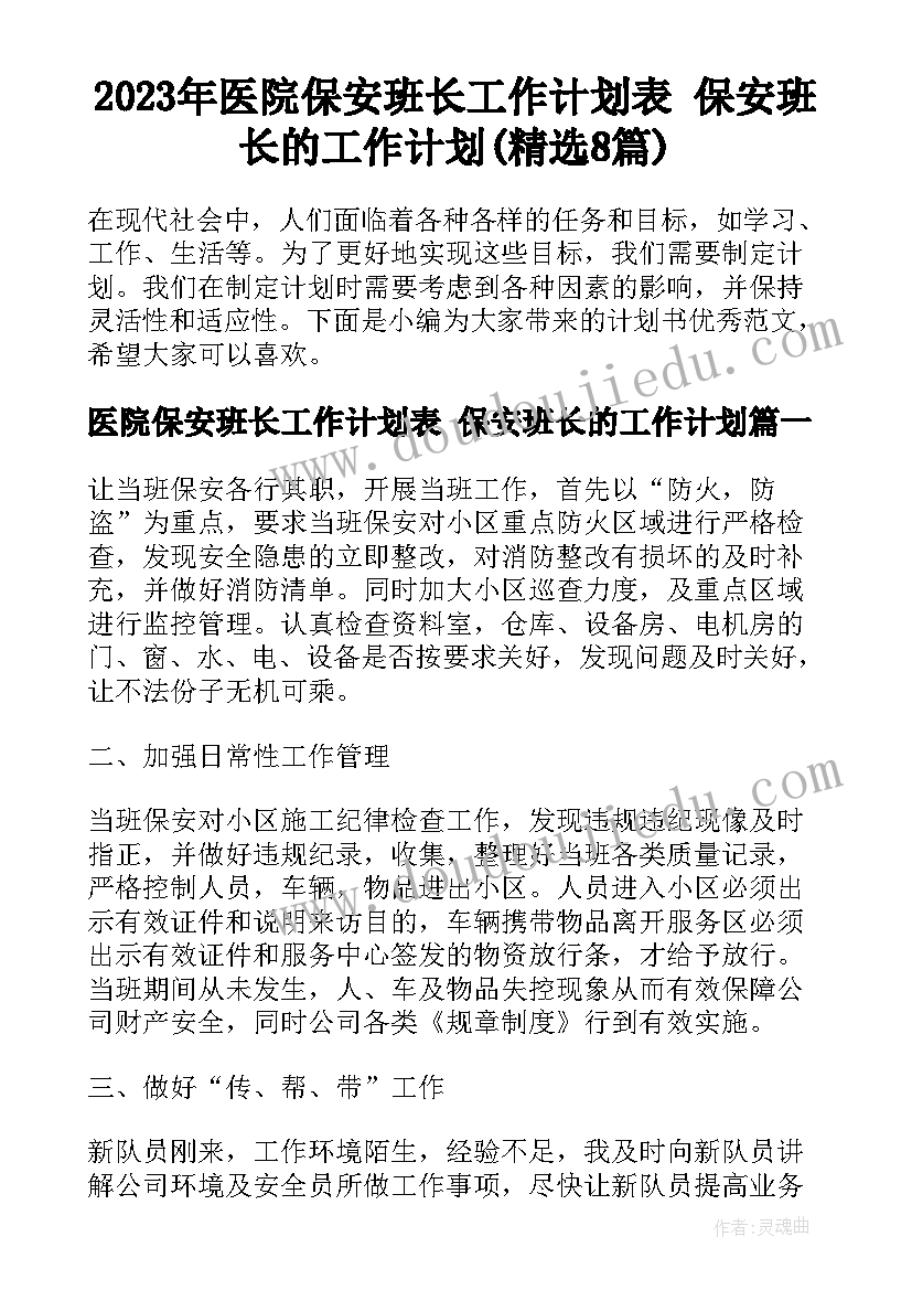 2023年医院保安班长工作计划表 保安班长的工作计划(精选8篇)