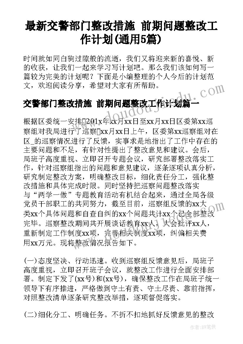 最新交警部门整改措施 前期问题整改工作计划(通用5篇)