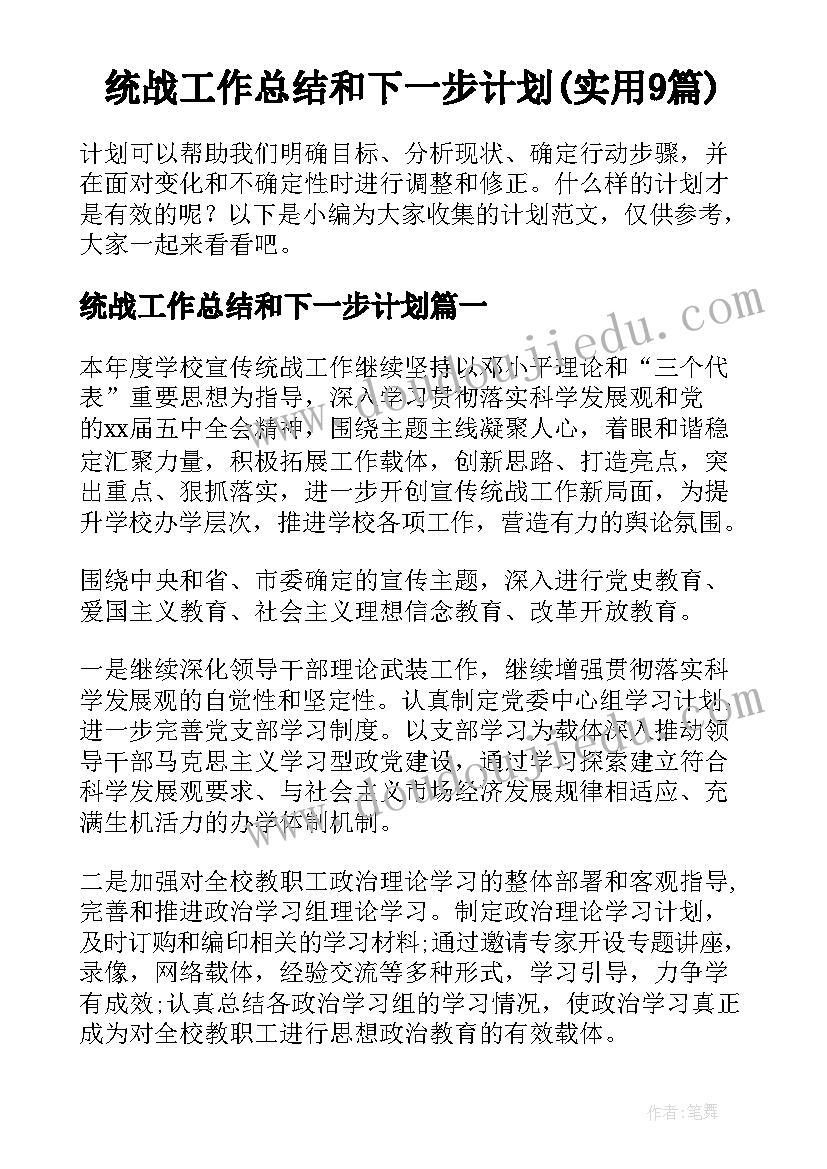 统战工作总结和下一步计划(实用9篇)