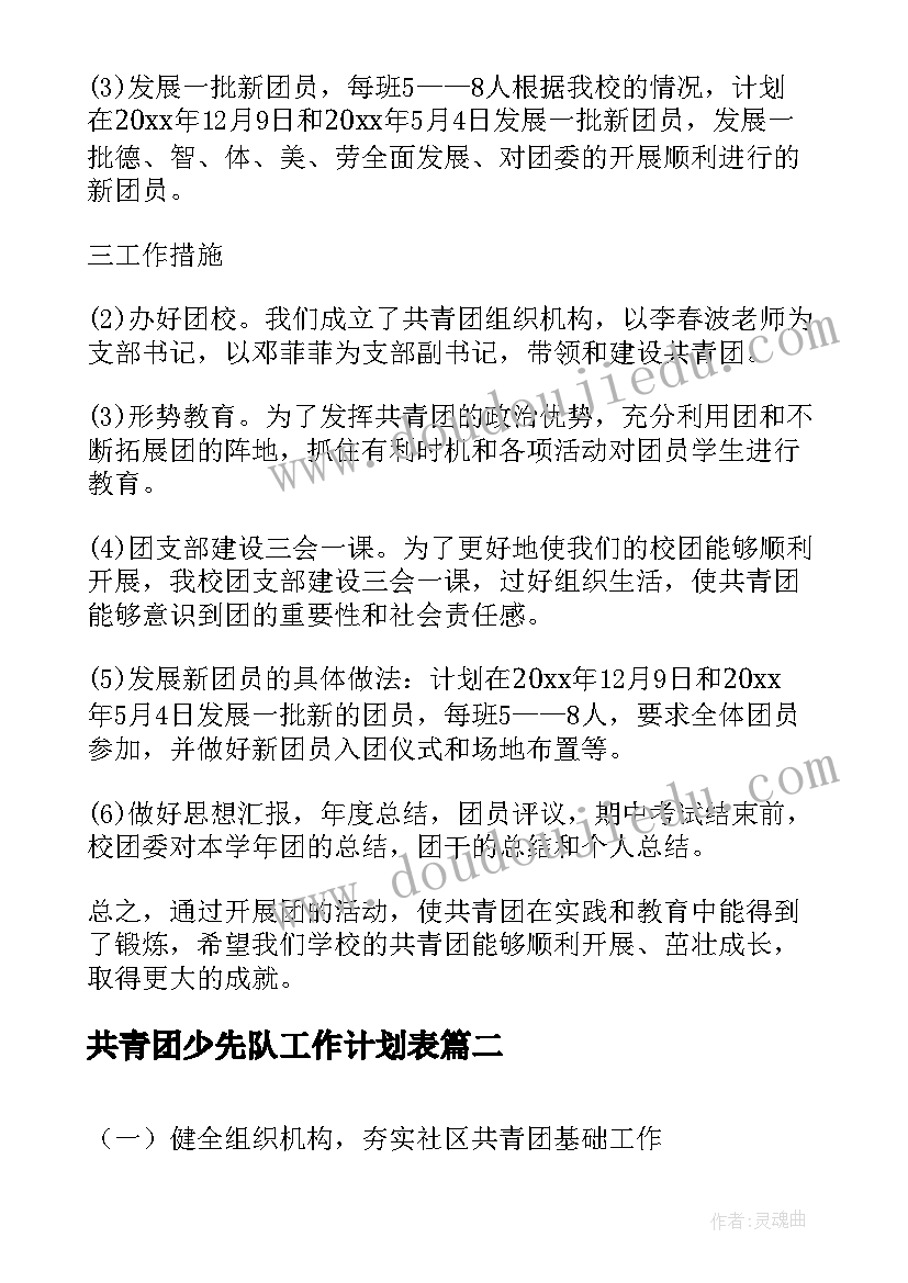 2023年共青团少先队工作计划表(通用5篇)