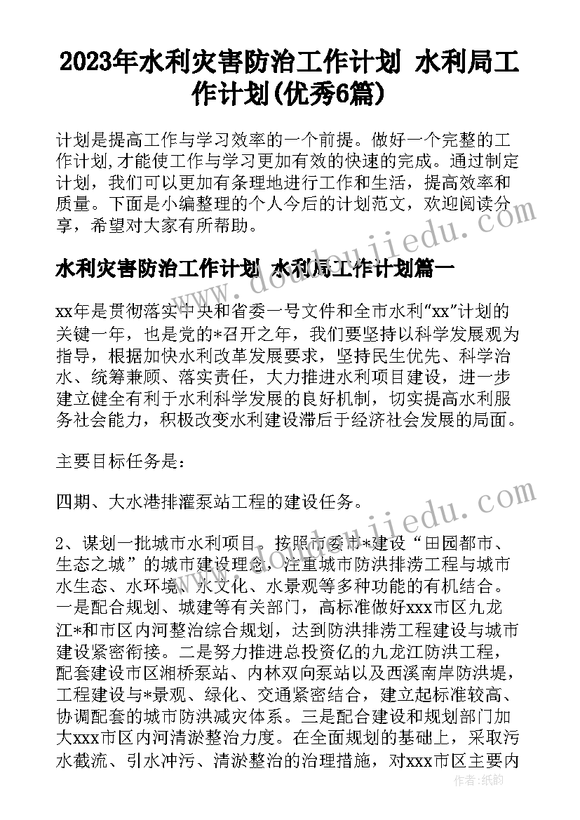 2023年水利灾害防治工作计划 水利局工作计划(优秀6篇)