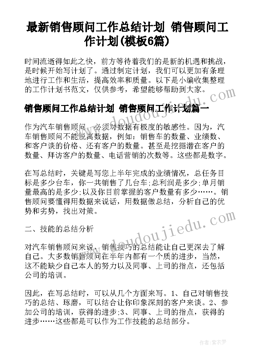 最新销售顾问工作总结计划 销售顾问工作计划(模板6篇)