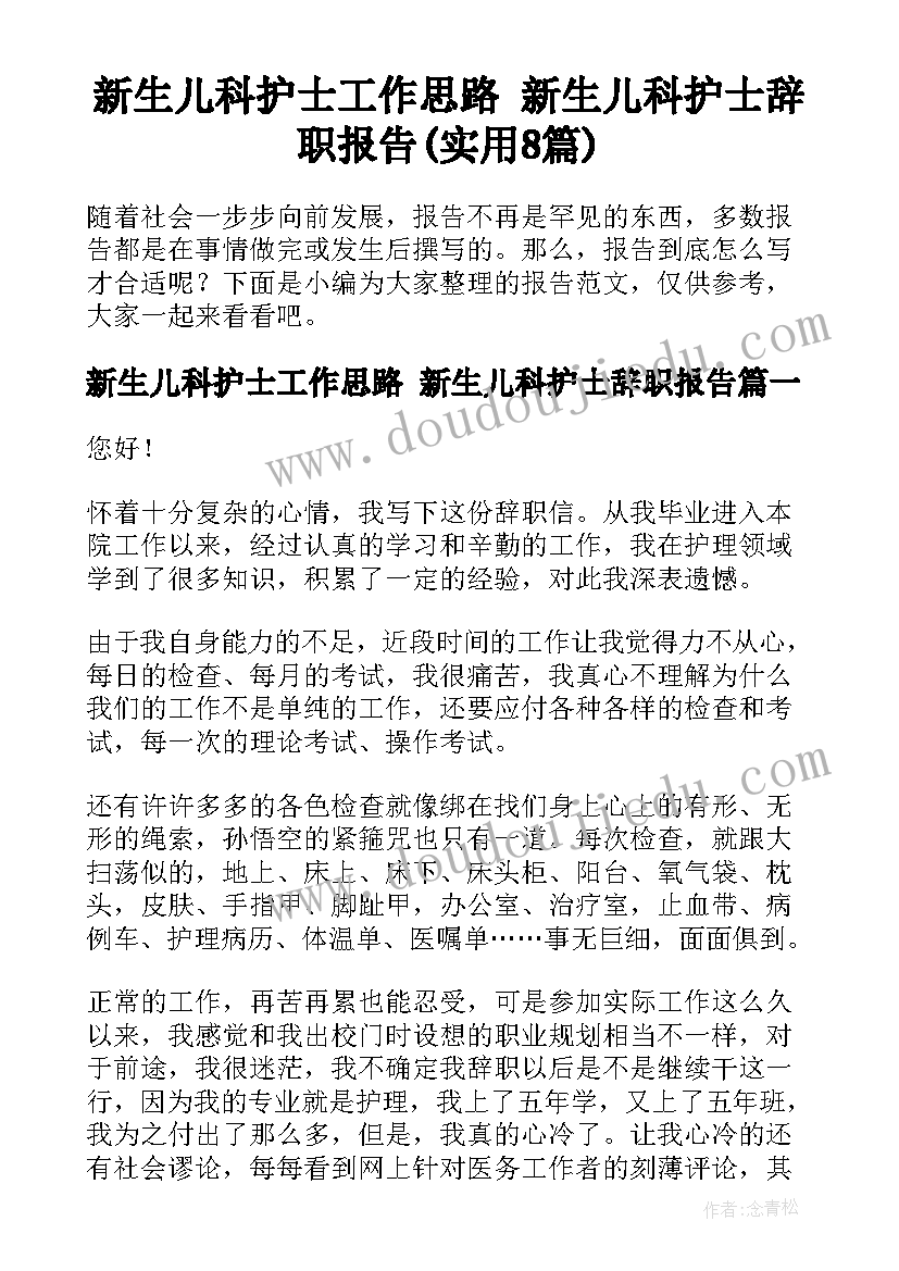 新生儿科护士工作思路 新生儿科护士辞职报告(实用8篇)