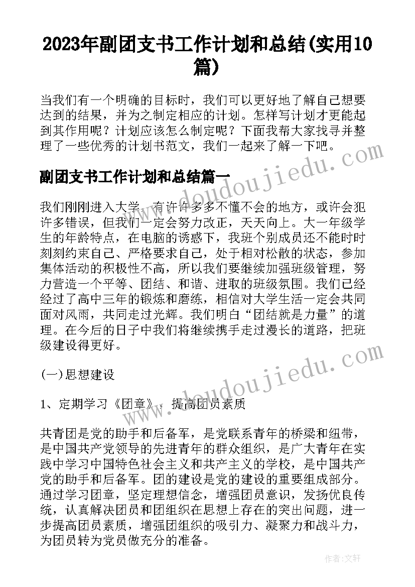 2023年副团支书工作计划和总结(实用10篇)