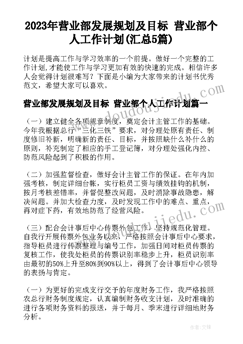 2023年营业部发展规划及目标 营业部个人工作计划(汇总5篇)