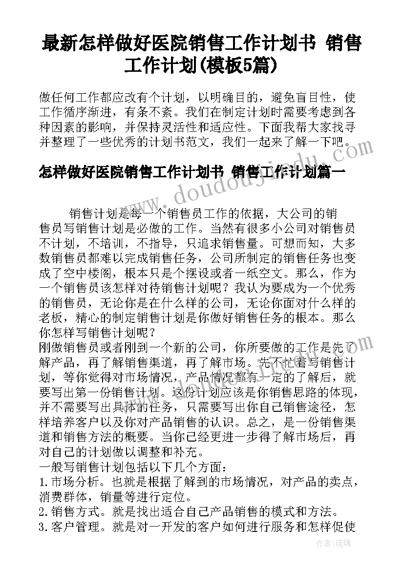 最新怎样做好医院销售工作计划书 销售工作计划(模板5篇)