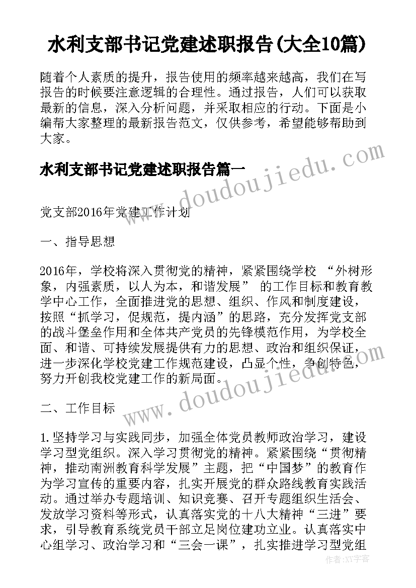 水利支部书记党建述职报告(大全10篇)