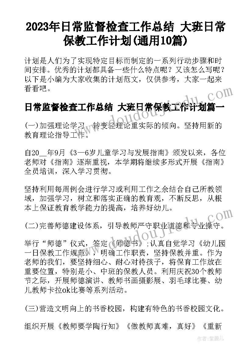 2023年日常监督检查工作总结 大班日常保教工作计划(通用10篇)