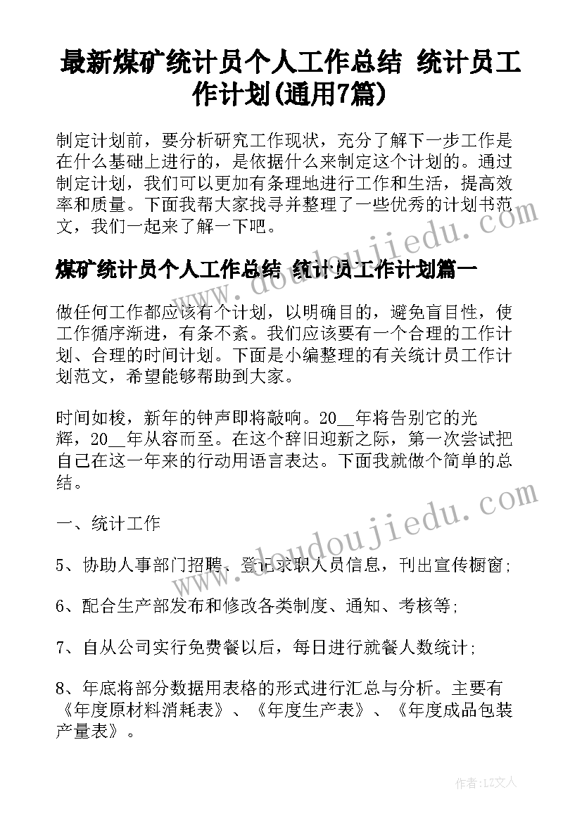 最新煤矿统计员个人工作总结 统计员工作计划(通用7篇)