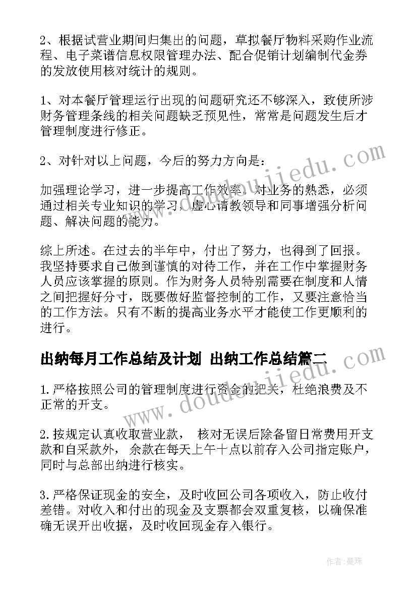 2023年出纳每月工作总结及计划 出纳工作总结(大全9篇)