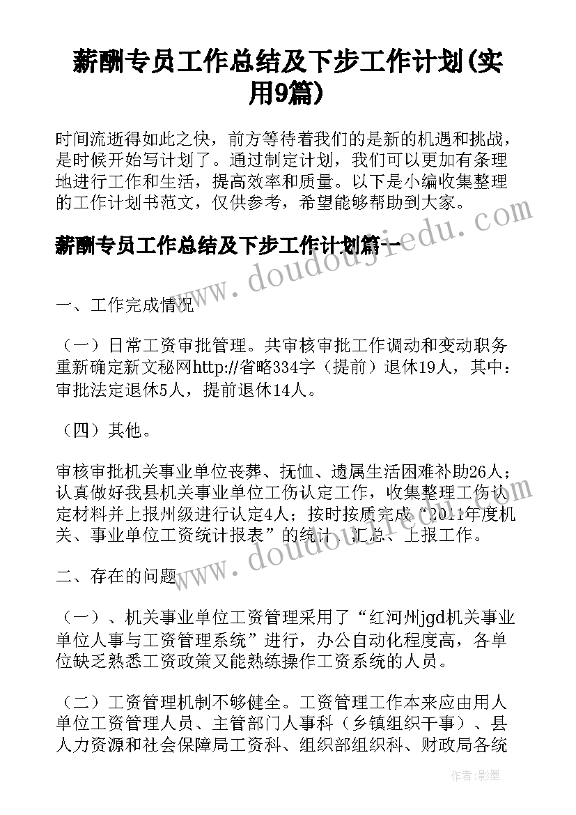 薪酬专员工作总结及下步工作计划(实用9篇)