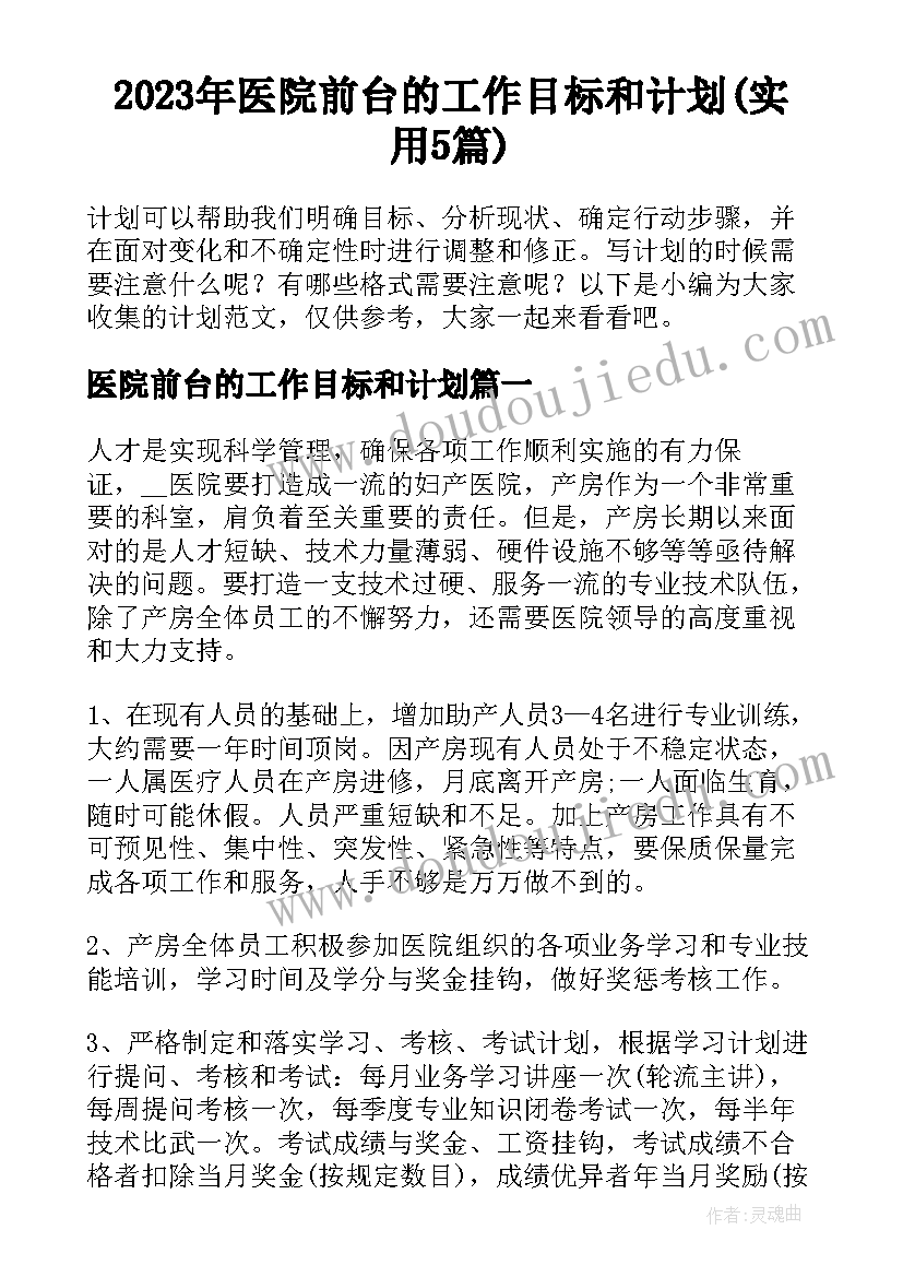 2023年医院前台的工作目标和计划(实用5篇)