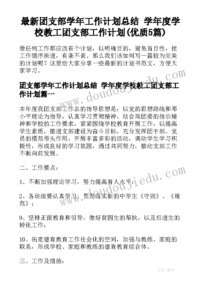 最新团支部学年工作计划总结 学年度学校教工团支部工作计划(优质5篇)