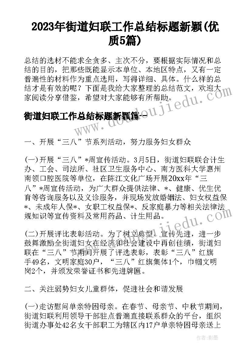 2023年街道妇联工作总结标题新颖(优质5篇)