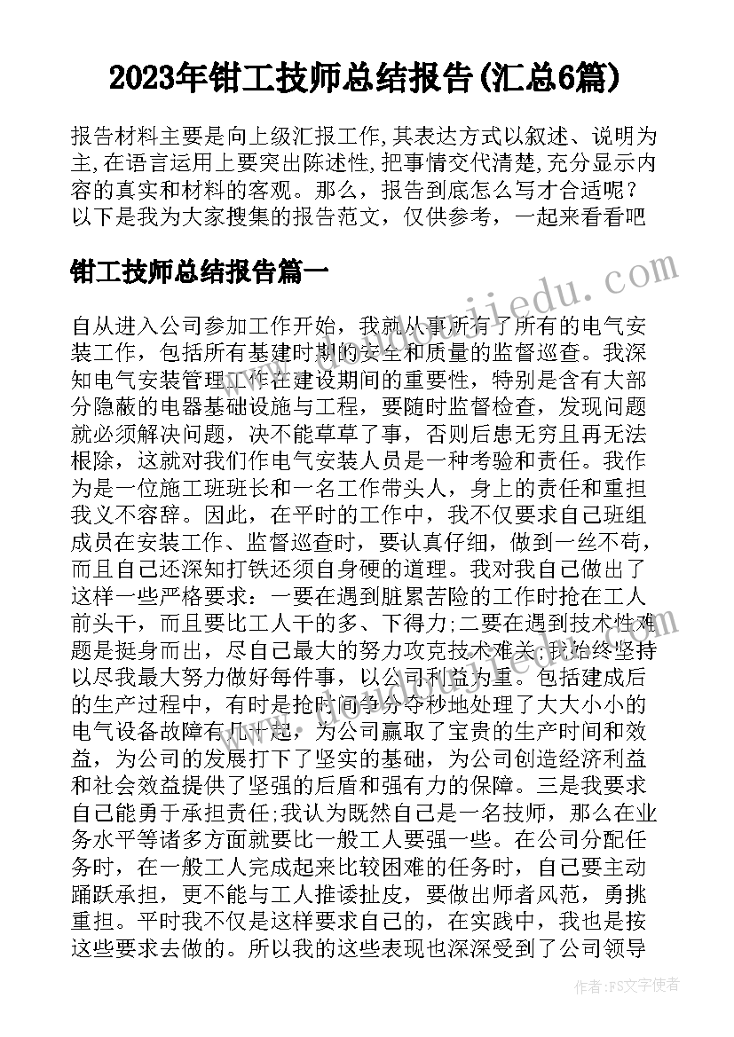 2023年钳工技师总结报告(汇总6篇)