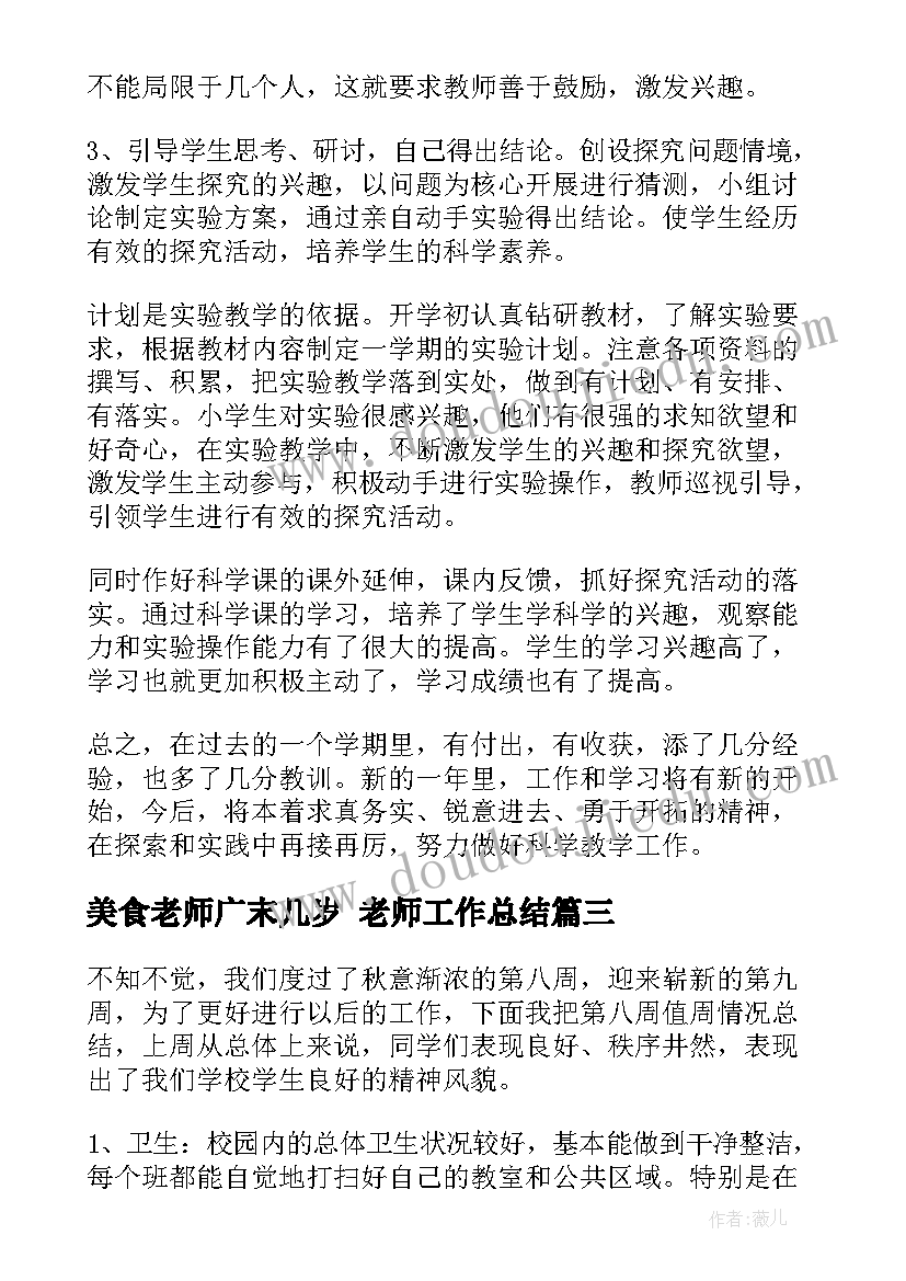 最新美食老师广末几岁 老师工作总结(大全8篇)