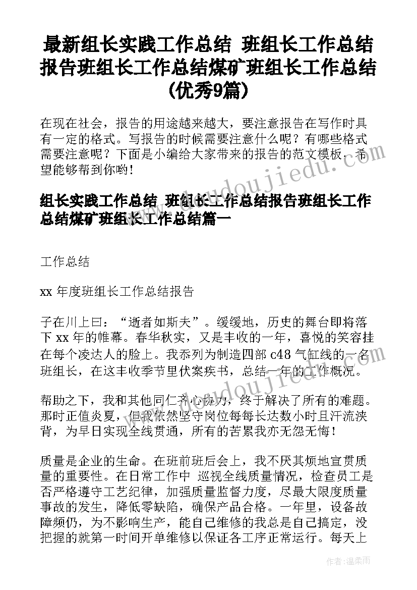 最新组长实践工作总结 班组长工作总结报告班组长工作总结煤矿班组长工作总结(优秀9篇)