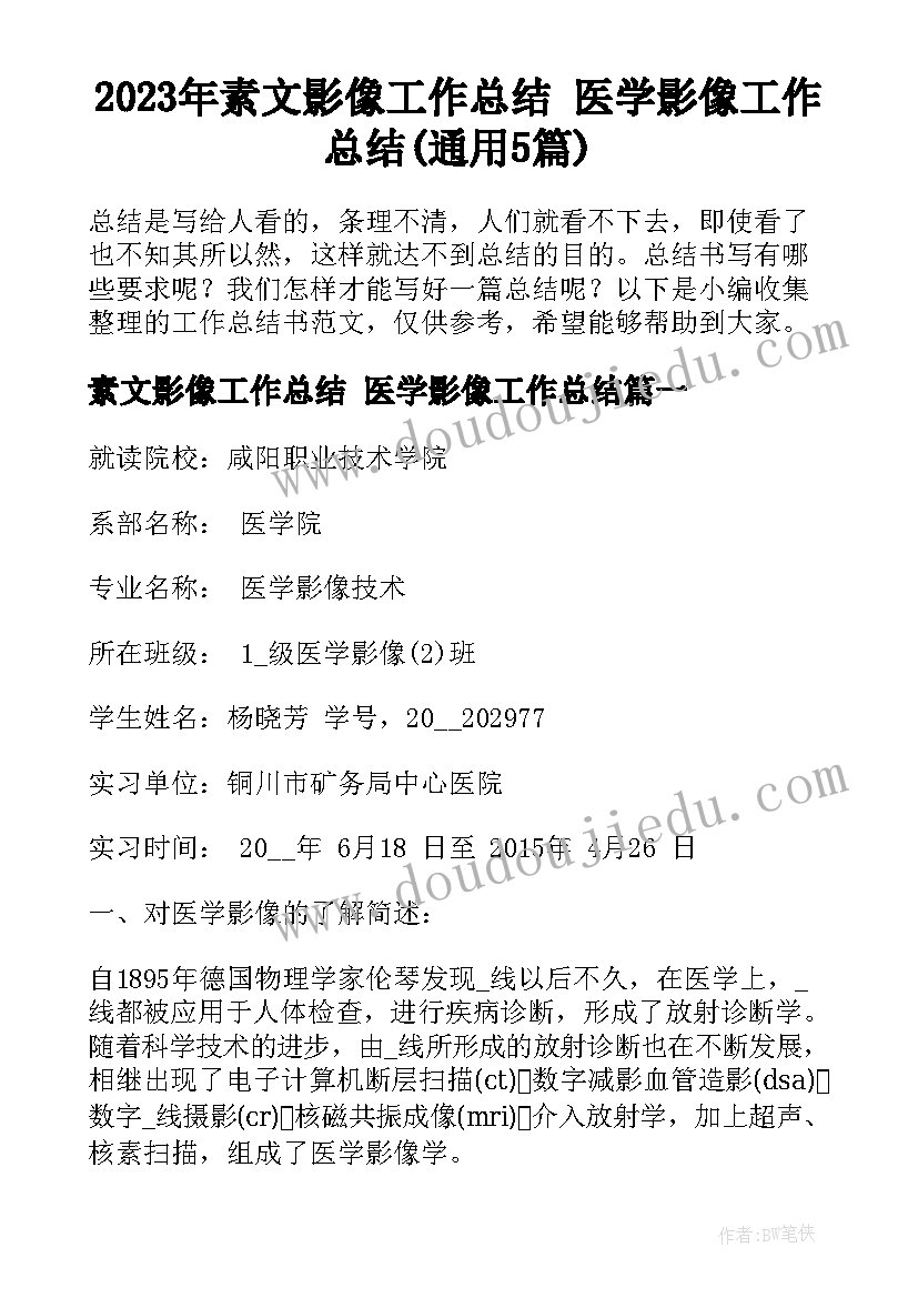 2023年素文影像工作总结 医学影像工作总结(通用5篇)