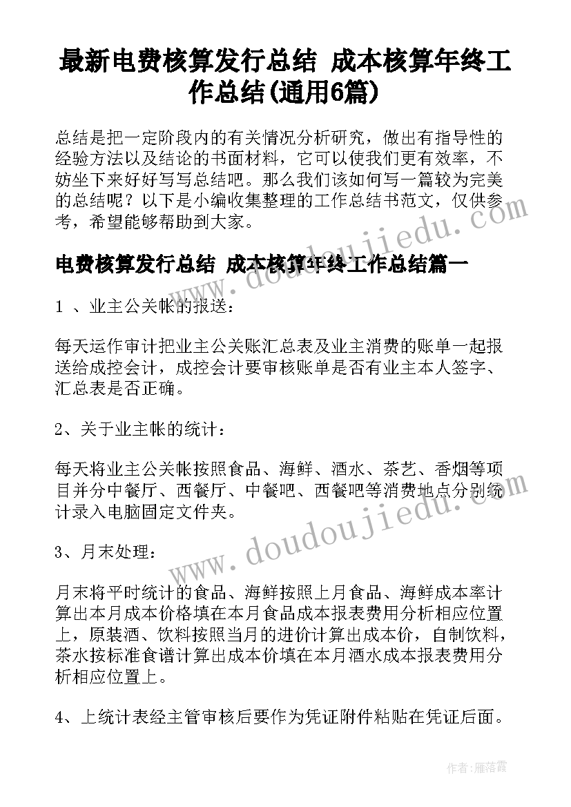 最新电费核算发行总结 成本核算年终工作总结(通用6篇)