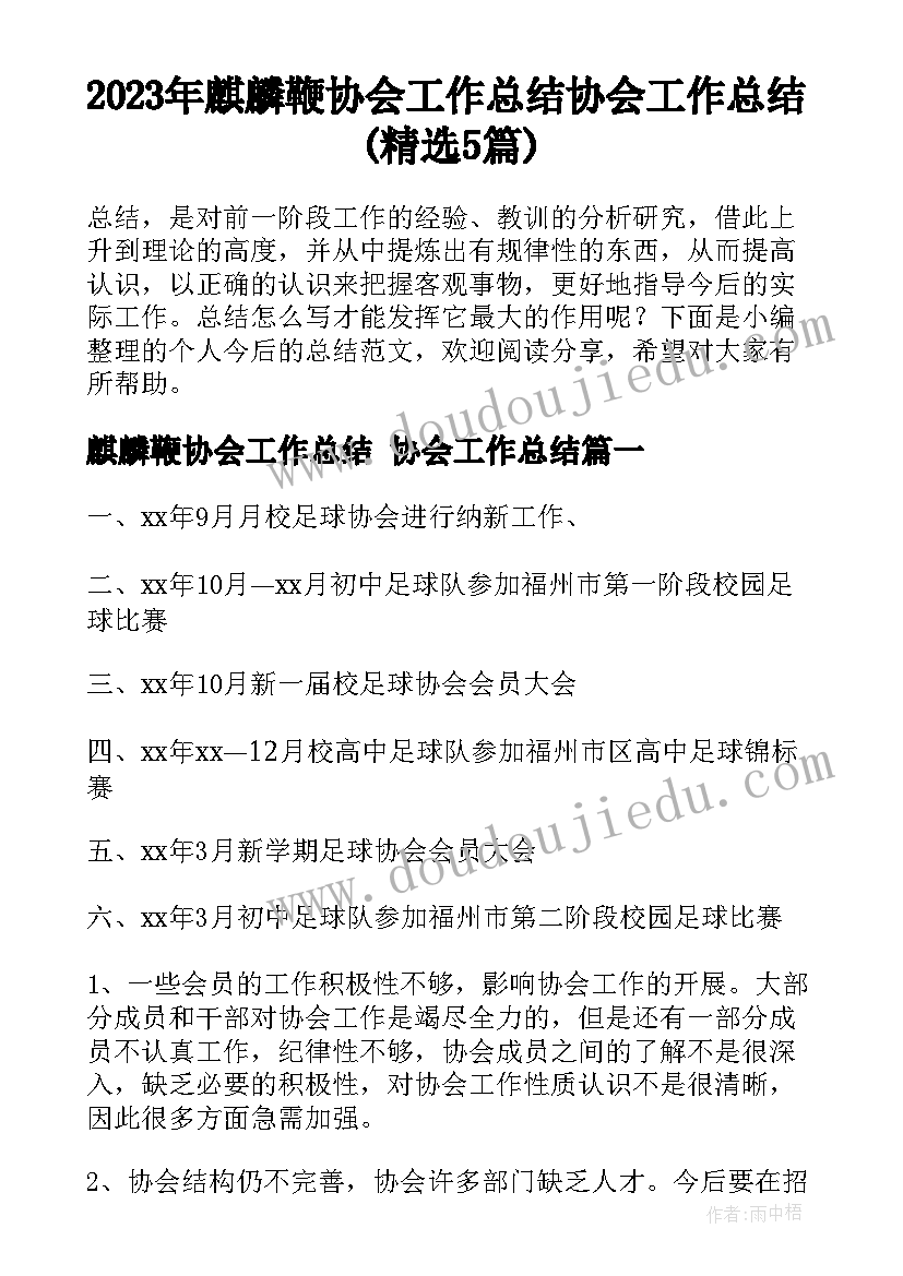 2023年麒麟鞭协会工作总结 协会工作总结(精选5篇)