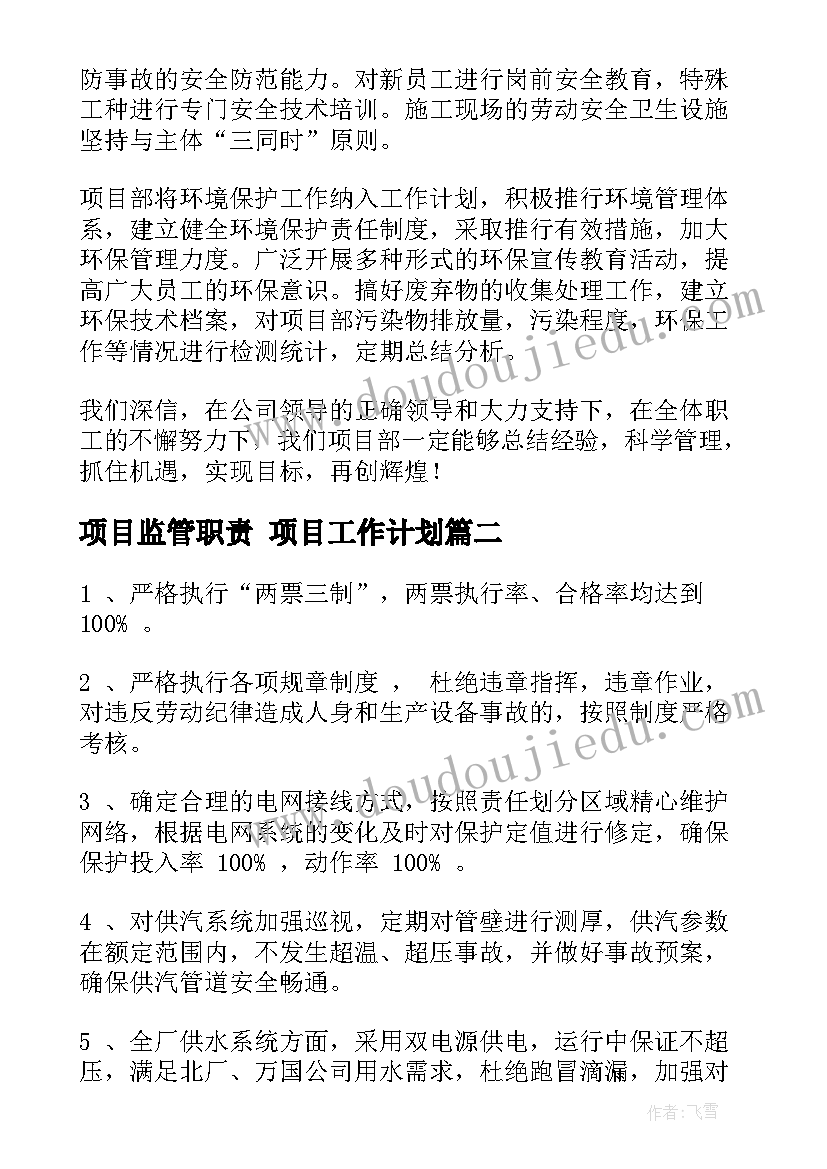 项目监管职责 项目工作计划(大全9篇)