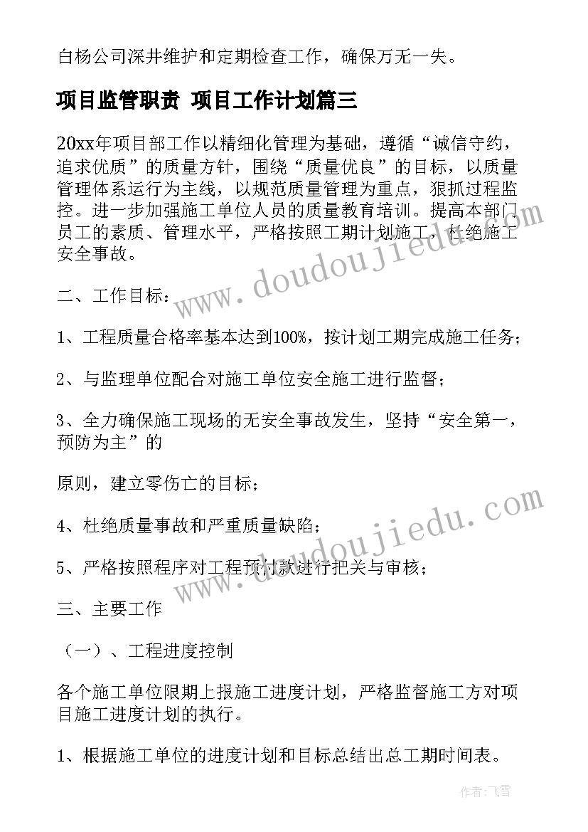 项目监管职责 项目工作计划(大全9篇)